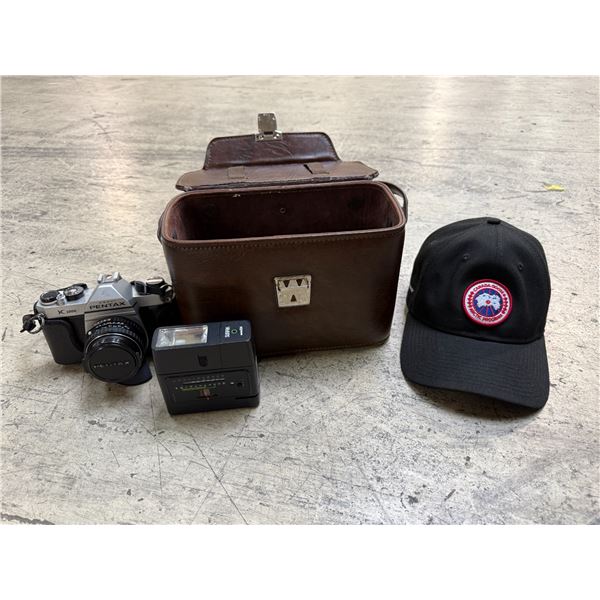 Canada Goose Hat & Vintage Pentax K-100 Camera w/ Flash & Leather Case
