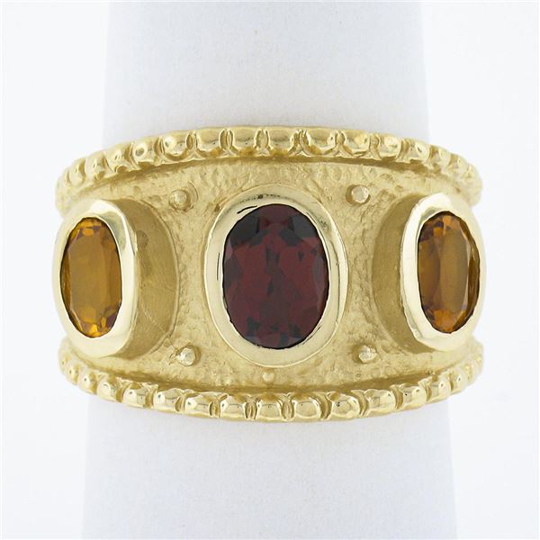 14k Yellow Gold Oval Garnet Citrine Matte Finish Bead Work Wide Cigar Band Ring