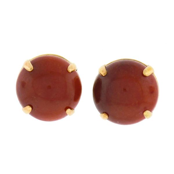 Vintage 14K Gold 8.3mm Round Cabochon Natural Copper Color Stone Stud Earrings