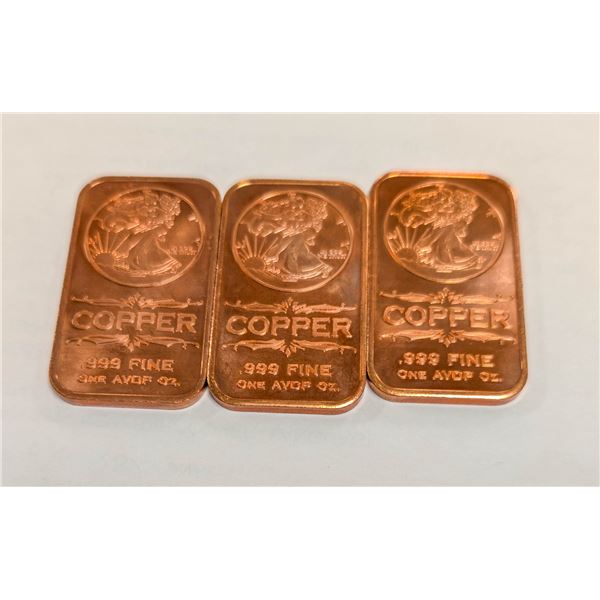 3 SOLID COPPER BULLION 1OZ BARS