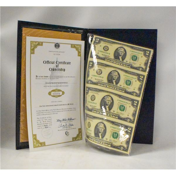 BOOK OF UNCUT US $2 BILLS W COA