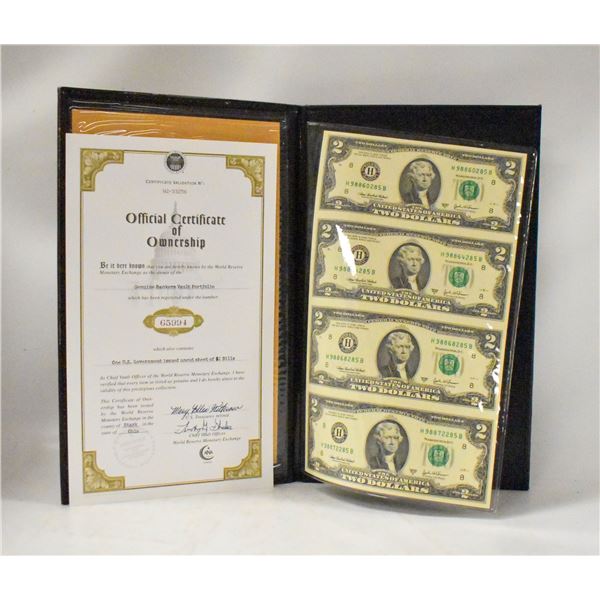 BOOK OF UNCUT US $2 BILLS W COA