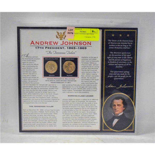 A JOHNSON 2 US DOLLAR COINS UNCIRC