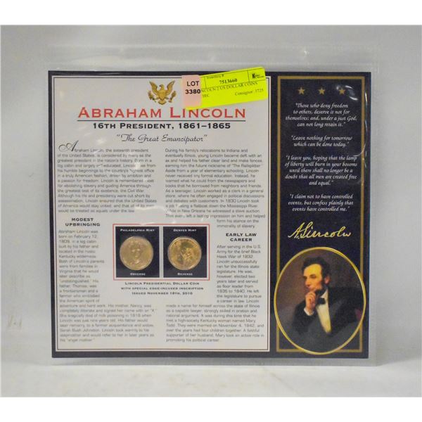 A LINCOLN 2 US DOLLAR COINS UNCIRC