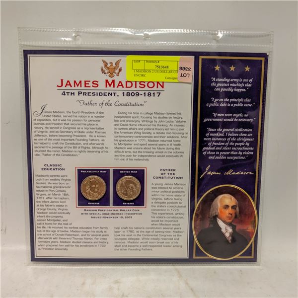J MADISON 2 US DOLLAR COINS UNCIRC