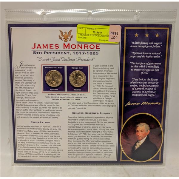 J MONROE 2 US DOLLAR COINS UNCIRC
