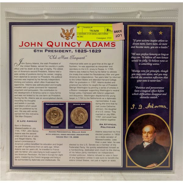 JQ ADAMS 2 US DOLLAR COINS UNCIRC