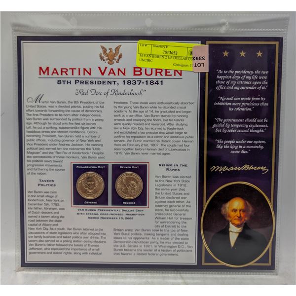 M VAN BUREN 2 US DOLLAR COINS UNCIRC