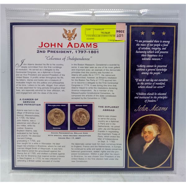 2 US DOLLAR COINS UNCIRC JOHN ADAMS
