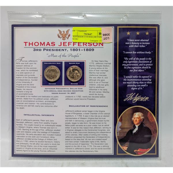 T JEFFERSON 2 US DOLLAR COINS UNCIRC