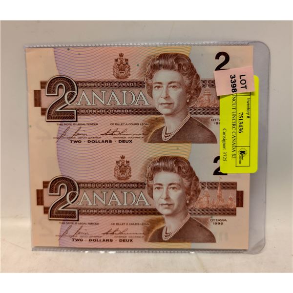 PAIR UNCUT UNCIRC CANADA $2 BILLS