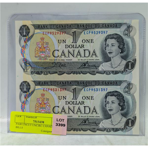 PAIR UNCUT UNCIRC CANADA $1 BILLS