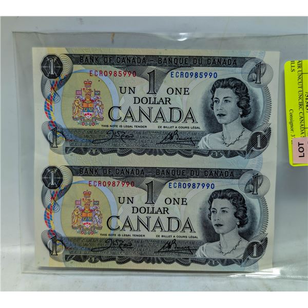 PAIR UNCUT UNCIRC CANADA $1 BILLS