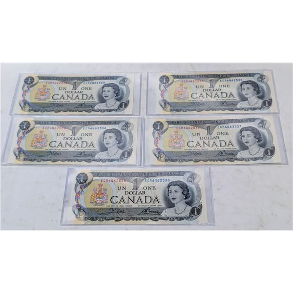 5 SEQ UNCIRC CANADA $1 BILLS