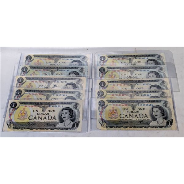 LOT OF 10 CANADIAN $1 BILLS