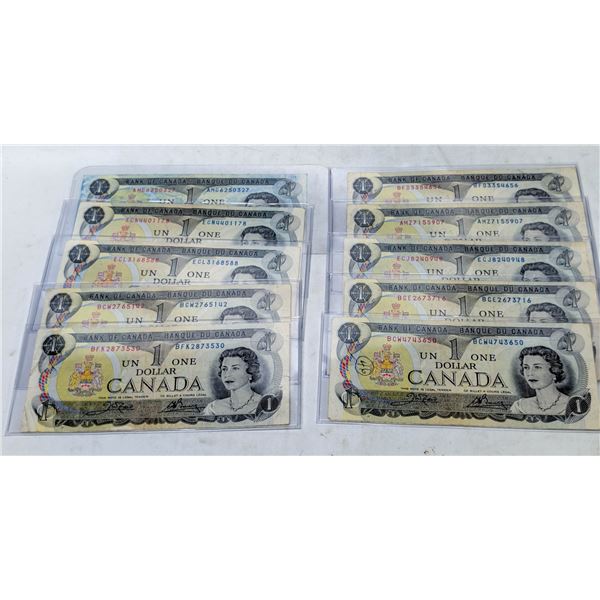 LOT OF 10 CANADIAN $1 BILLS