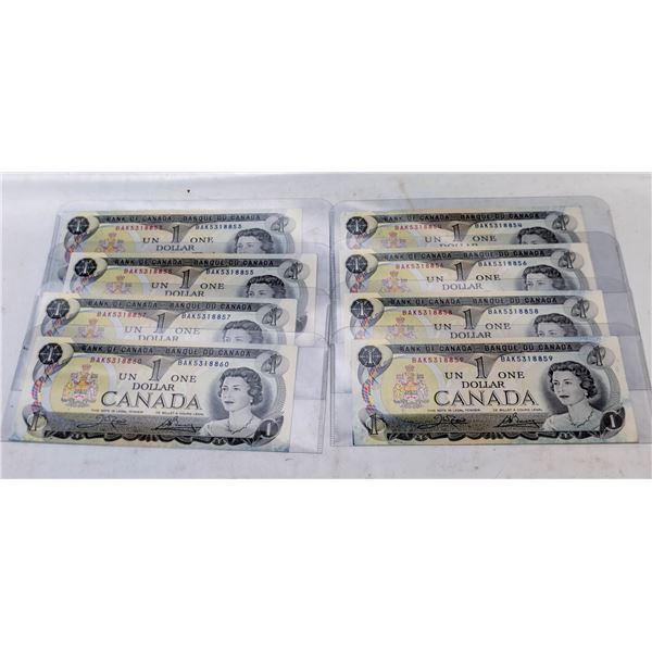8 SEQ UNCIRC CANADA $1 BILLS