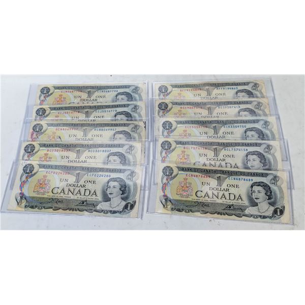 LOT OF 10 CANADIAN $1 BILLS