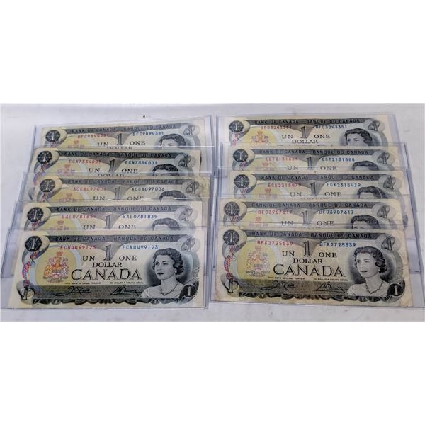 LOT OF 10 CANADIAN $1 BILLS