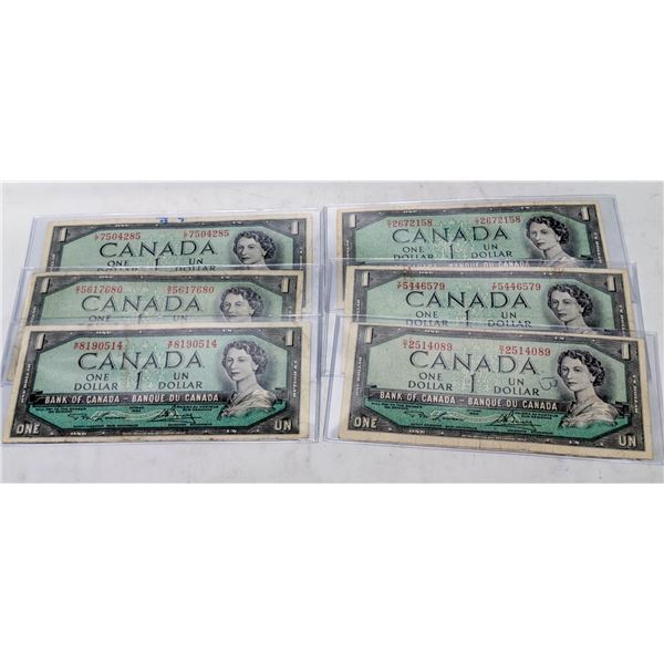 LOT OF 6 1954 CANADA $1 BILLS