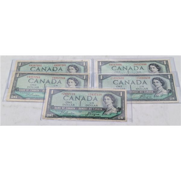 LOT OF 5 1954 CANADA $1 BILLS