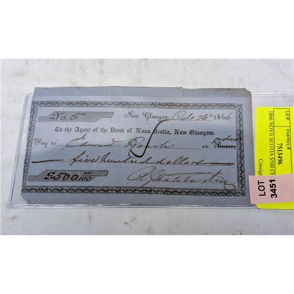 1866 NOVA SCOTIA $500 CHEQUE