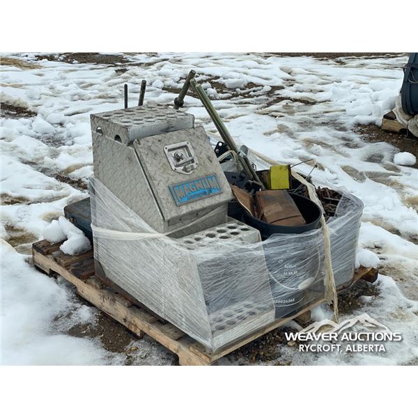 ALUMINUM TRUCK TOOL BOX W/MISC BOLTS & STEEL RODS