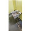 Image 10 : PORTABLE SINK, TWO SHELVING UNITS,PAINT, TRASHCAN, MOP AND BUCKET