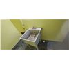 Image 11 : PORTABLE SINK, TWO SHELVING UNITS,PAINT, TRASHCAN, MOP AND BUCKET
