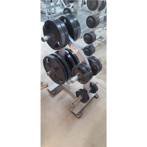 HAMMER STRENGTH WEIGHTS RACK WITH PLATES: FOUR 45LBS, FOUR 25LBS, FOUR 10LBS AND FOUR 5LBS PLATES