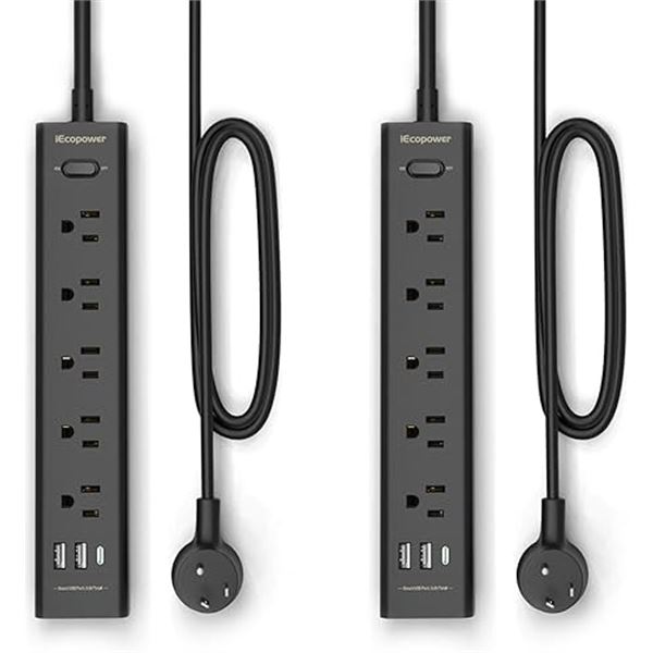 2-Pack of Power Strips/Power Bars w/1x USB-C Port & 2x USB-A Ports - 5FT Length Each - Black - New
