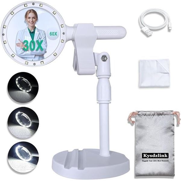 1 Magnifying Lens with LED Light and Tabletop Stand - USB-C Rechargeable Design - New