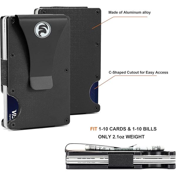 2 Feiyen Men's Minimalist Metal Wallets with Money Clip - Black - New