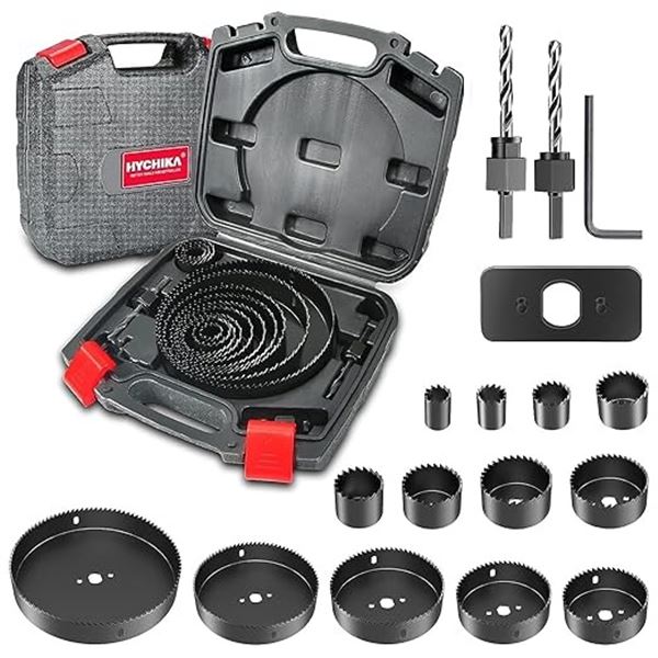 Hychika 19PC Hole Saw Kit w/ 13PC Saw Blades, 2 Drill Bits, 2 Mandrels, etc. - NEW