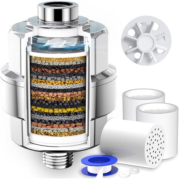 1 Shower Head Filter Kit - 20-Stage Shower Head Filter for Hard Water w/ 3 Cartridges - Chrome - New