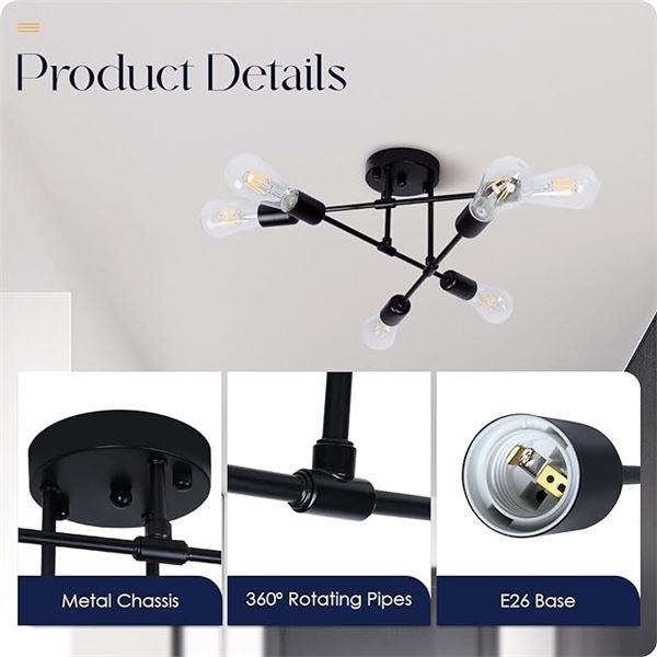 1 Sputnik 6-Light Chandelier/Modern Ceiling Light - Black - 16.5" x 8" H - New