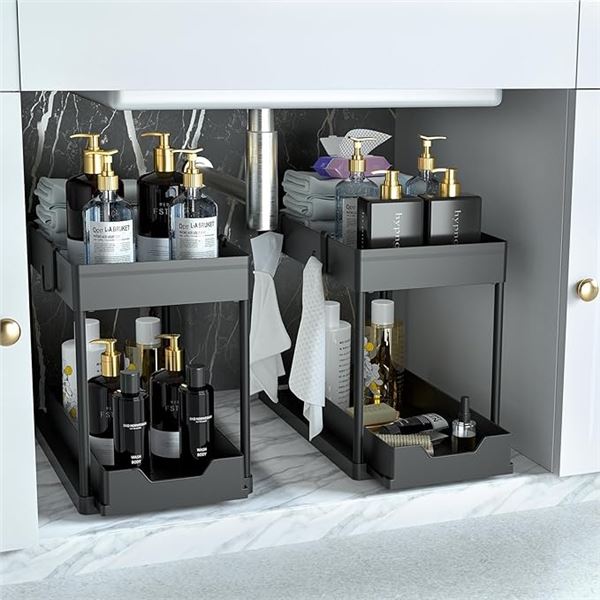 2-Pack of Under The Sink Organizers - 2-Tier Sliding Cabinet Organizers (Black) - New