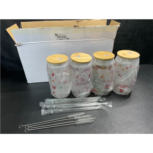 Box of 4 Christmas/Holiday Glass Mugs w/ Bamboo Lids & Reusable Straws - New