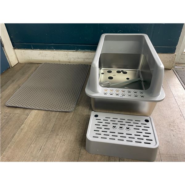 1 XL Stainless Steel Cat Litter Box (20" x 12") w/ Litter Mat, Scooper, Cleaner Brush 