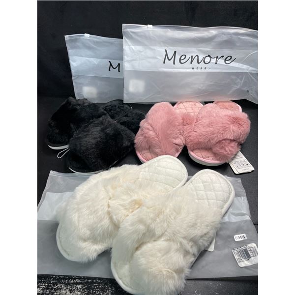3 Pairs of Assorted Menore Fuzzy Slippers for Women - Black/Pink/White - New