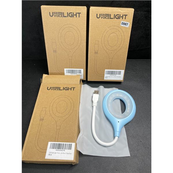 3 USB Smart Voice Control Night Lights - Blue - Brand New