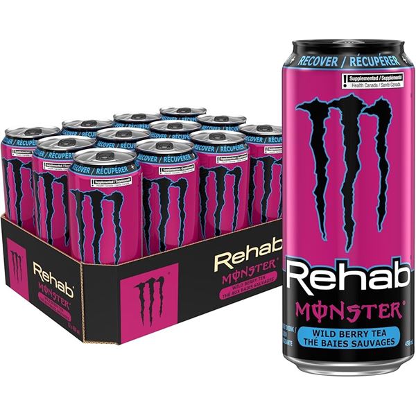 1 Case of Monster Rehab Energy Drinks; Wild Berry Tea - 12 x 473ml Cans - BB: AL 10/2026