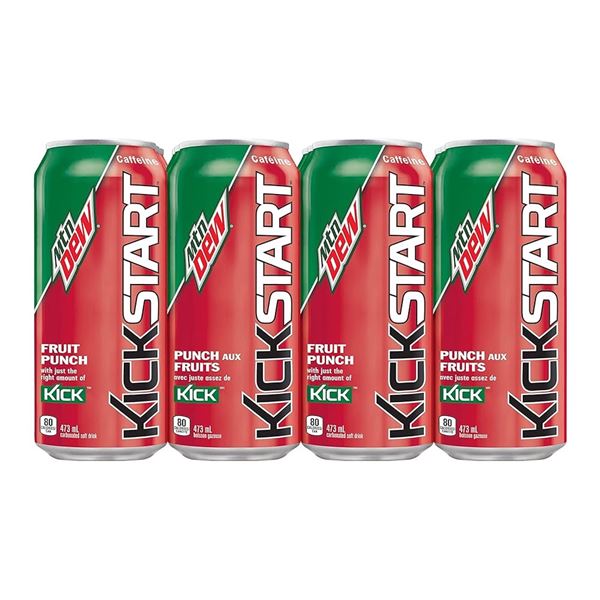 1 Case of Mountain Dew Kickstart Fruit Punch Carbonated Soft Drinks - 12 x 473ml cans