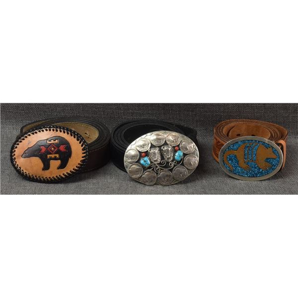 THREE LEATHER BELTS WITH BUCKLES
