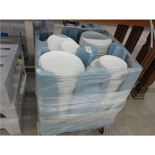 Large Lot of Commercial White China Dishes w/Dish Dolly
