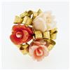 Image 4 : Vintage 14K Yellow Gold Carved Coral Rose Flower Bouquet Ribbon Cocktail Ring