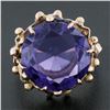 Image 2 : Vintage 12k Gold 15mm Round Synthetic Purple Stone Solitaire Ring w/ Bead Frame