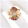 Image 3 : Vintage Retro 14K Rose Gold Old Cut Diamond & Red Stone Polished Bow Ribbon Ring