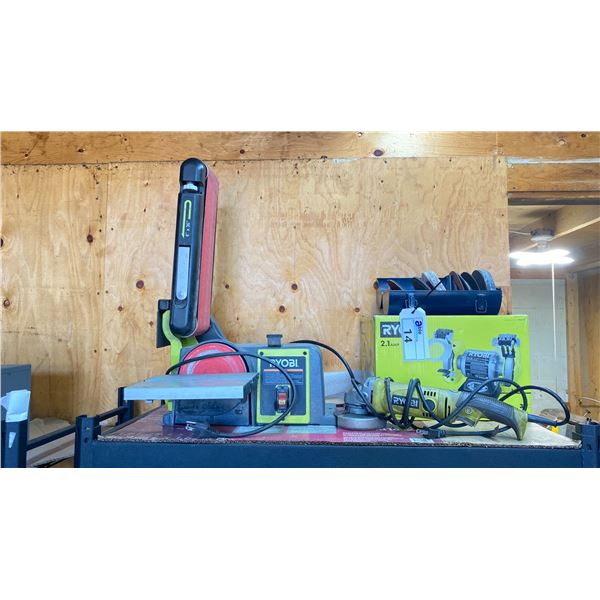 LOT OF RYOBI TOOLS, BENCH GRINDER, HAND GRINDER AND COMBINATION SANDER