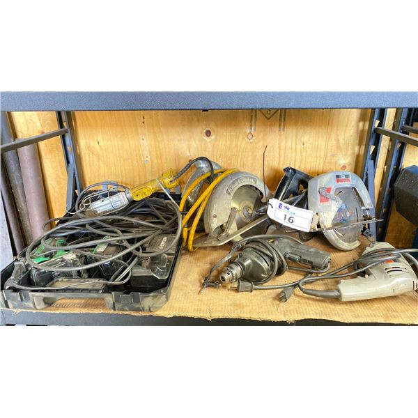 SHELF OF ASSORTED POWER TOOLS CIRCULAR SAWS, HIGH SPEED DRILLS AND CORDLESS HITACHI DRILL